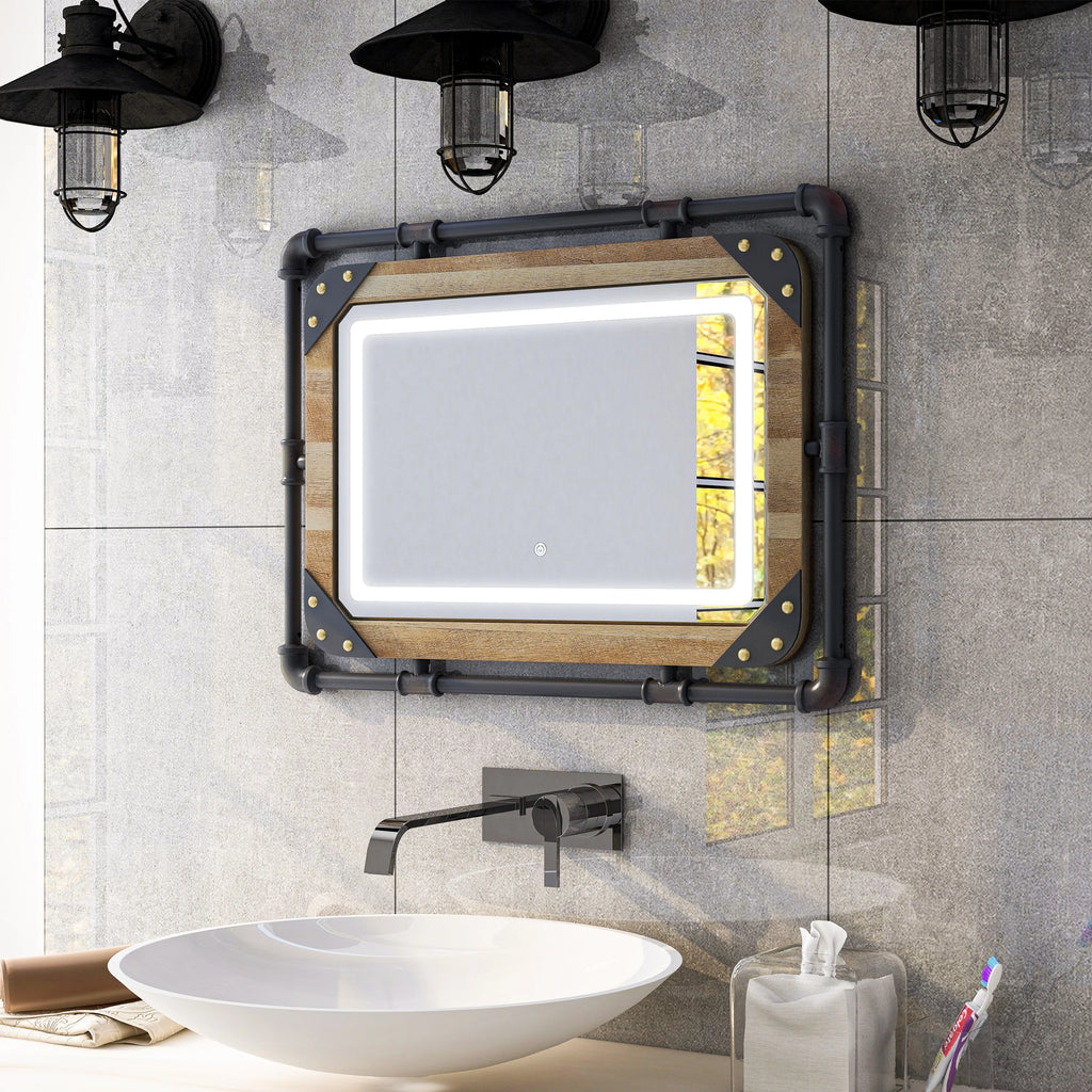 Industrial Metal Wall Mirror with LED Lights, Modern Decorative Mirror for Home