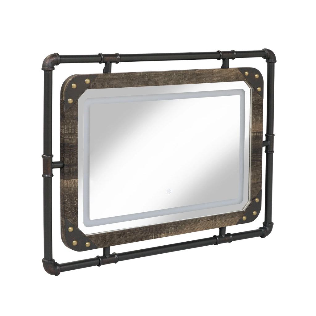Industrial Metal Wall Mirror with LED Lights, Modern Decorative Mirror for Home