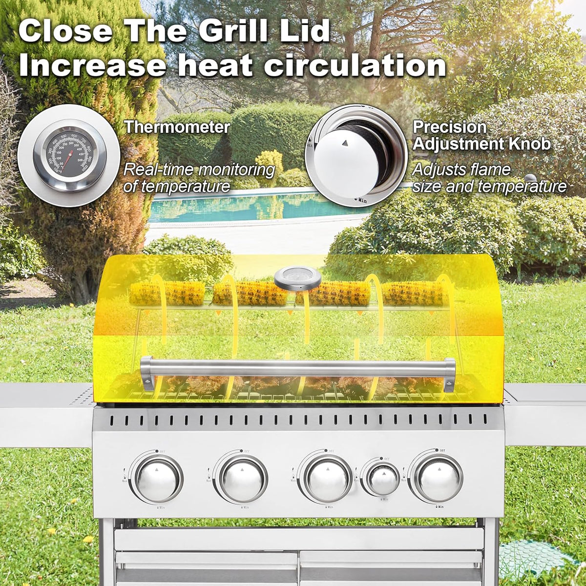 4-Burner Propane Gas Grill with Cast Iron Grates, Side Stove and 44,000 BTU Stainless Steel Burners