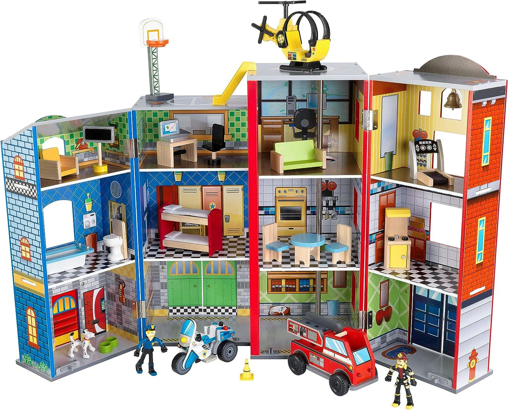 Wooden Kids Play Set, 3-Level Playset with 26 Accessories, Foldable Design for Easy Storage, Indoor Activity Toy