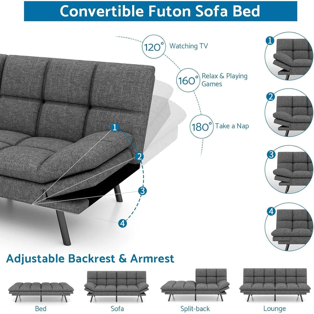 Convertible Futon Sofa Bed with Memory Foam, Foldable Loveseat Sleeper with Adjustable Armrests