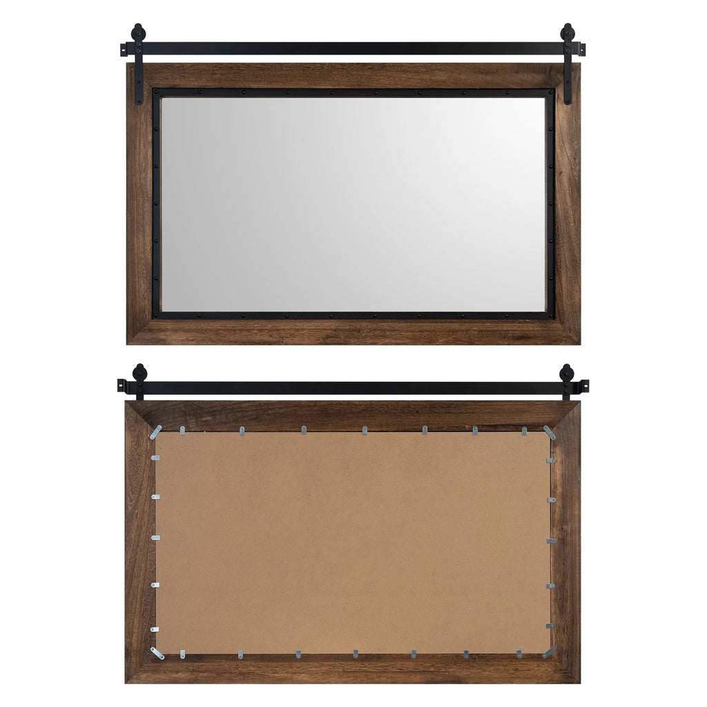 Farmhouse Barn Door Style Bathroom Vanity Mirror, Natural Wood Wall Mirror for Bathroom, Bedroom and Entryway