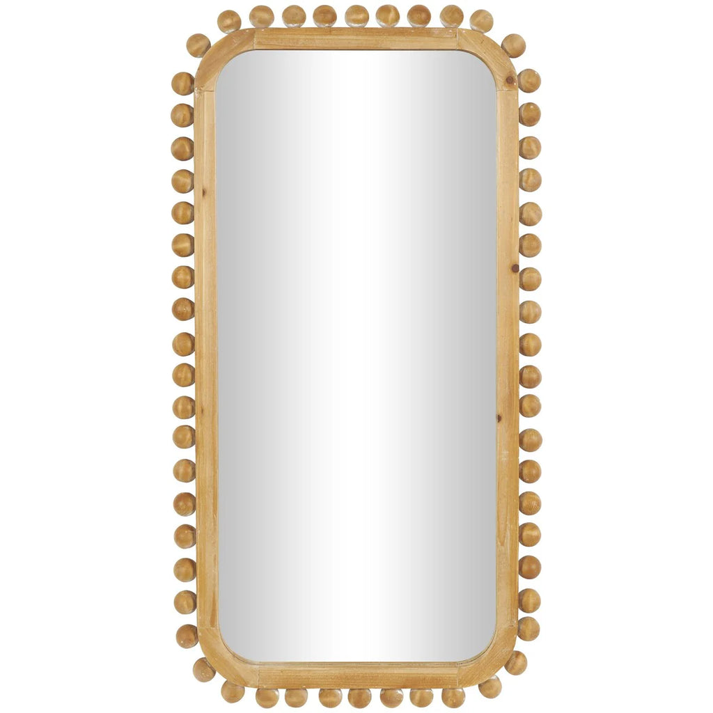 Brown Wood Wall Mirror with Beaded Frame, Rustic Decorative Mirror for Home