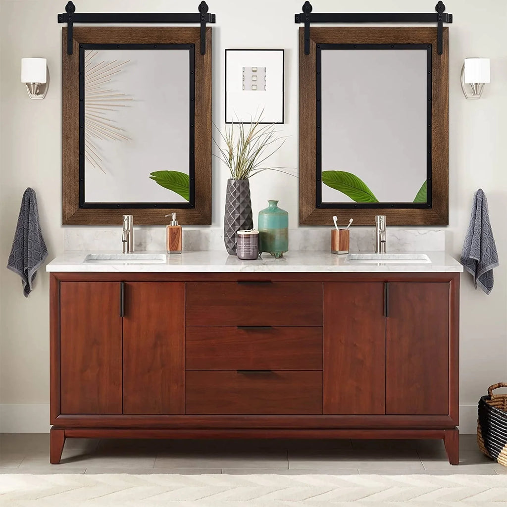 Farmhouse Barn Door Style Bathroom Vanity Mirror, Natural Wood Wall Mirror for Bathroom, Bedroom and Entryway