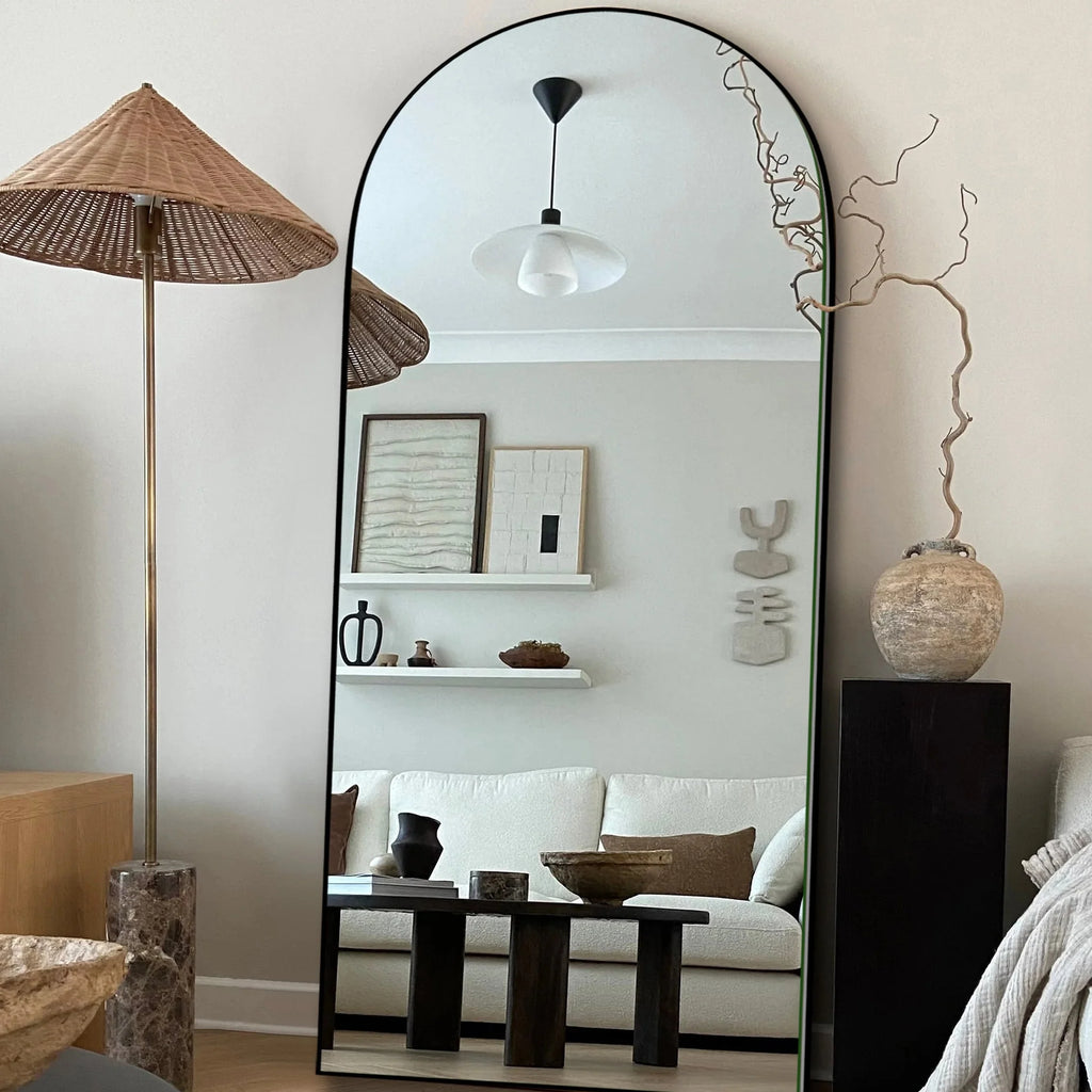 Arched Full Length Wood Floor Mirror, Full Body Standing and Wall Mounted Mirror for Bedroom, Living Room and Home Decor