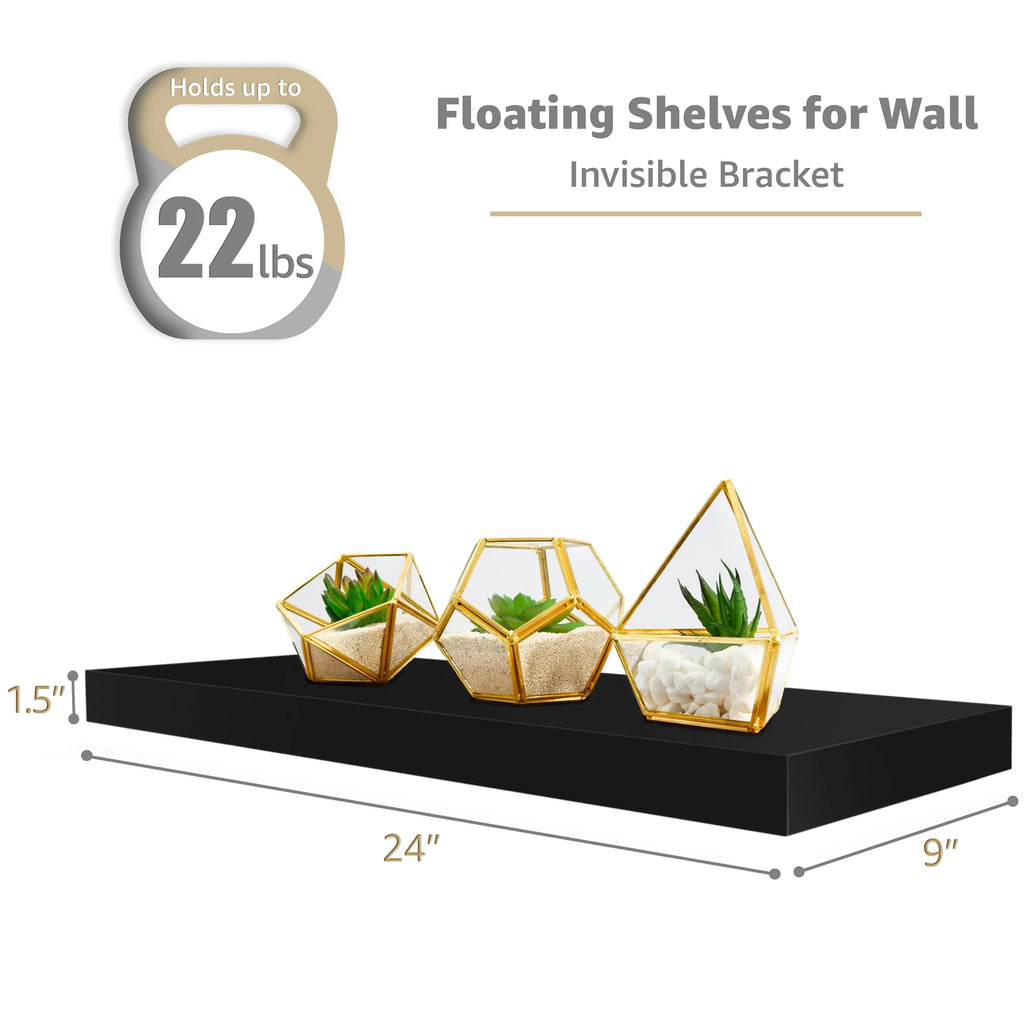Set of 3 Floating Wood Wall Shelves, Wall Mounted Display and Storage Shelves with Invisible Brackets for Books and Home Decor