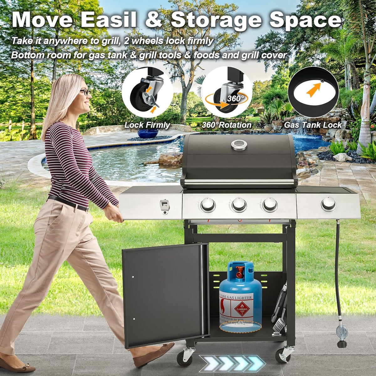 4-Burner Propane Gas Grill with Cast Iron Grates, Side Stove and 44,000 BTU Stainless Steel Burners
