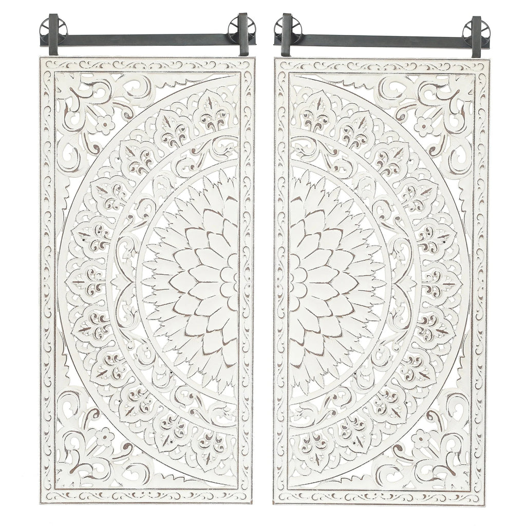 Set of 2 Distressed Ivory White Wood Flower Wall Art with Black Accents