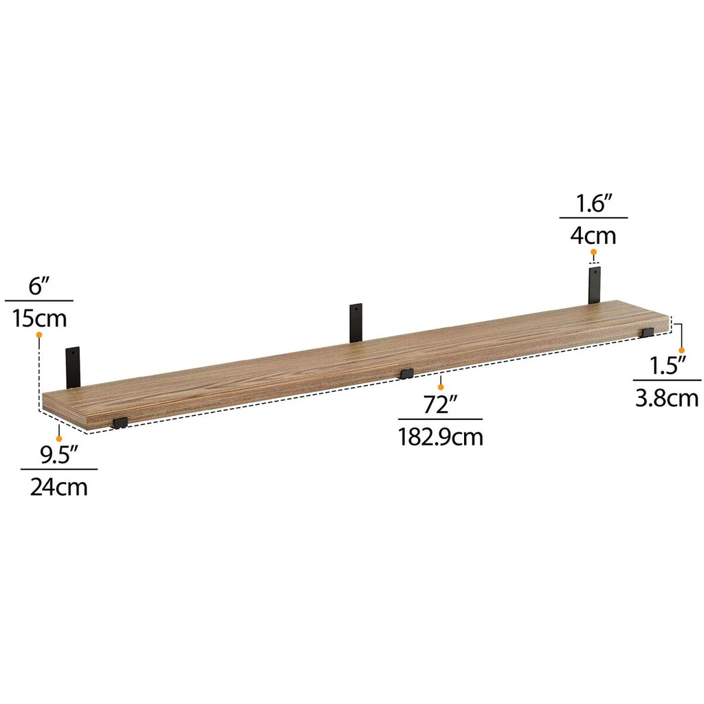 72 Inch Floating Wood Wall Shelves, Set of 2 Burnt Wood Display and Storage Shelves for Home Decor