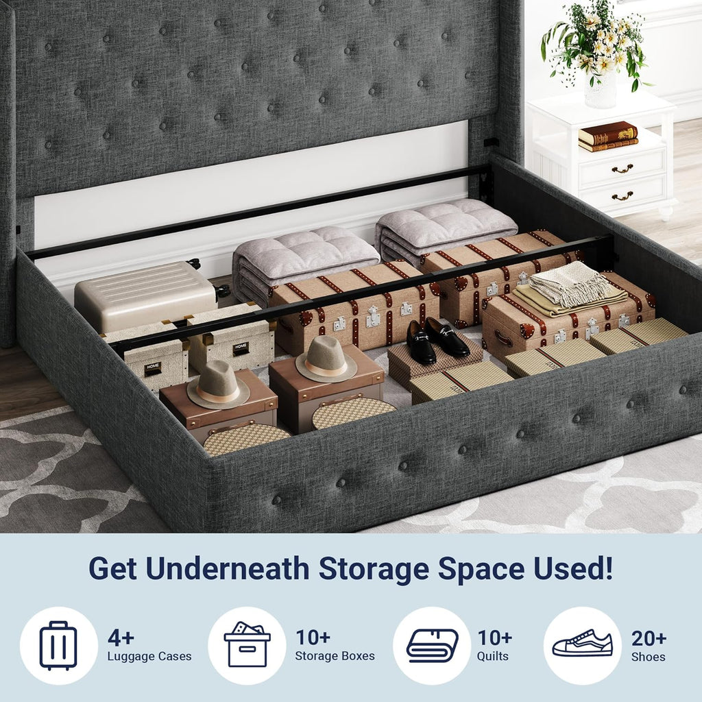 Queen Size Lift Up Storage Bed with Wingback Headboard, Upholstered Platform Bed Frame with Hidden Storage