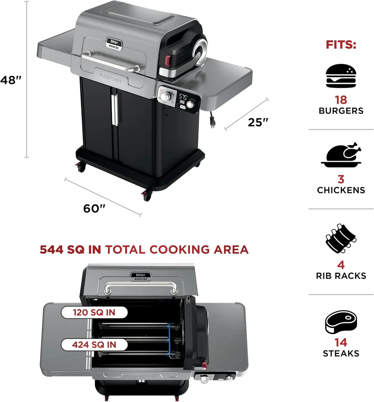 5-in-1 Electric and Propane Grill, 3-Burner Outdoor BBQ Grill and Smoker with Digital Controls, Griddle and Pizza Maker, Stainless Steel