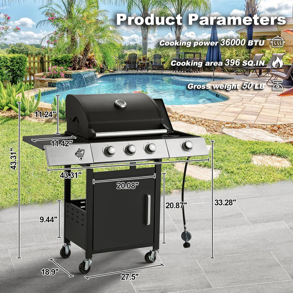 4-Burner Propane Gas Grill with Cast Iron Grates, Side Stove and 44,000 BTU Stainless Steel Burners