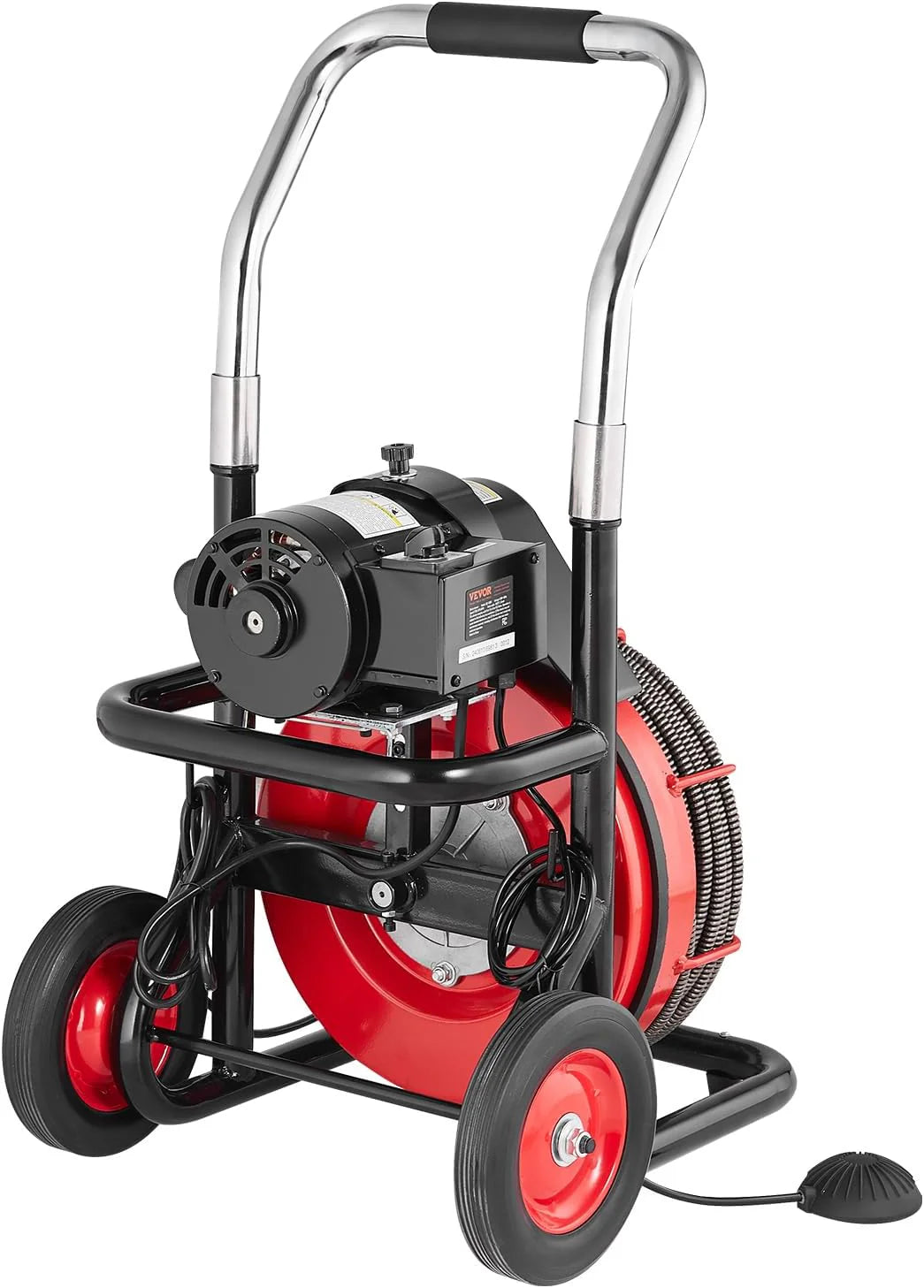550W Drain Cleaning Machine, 100-Ft. x 1/2-Inch Sewer Snake Auger with 8 Cutters, Wheels and Foot Switch, for 2-4-Inch Pipes