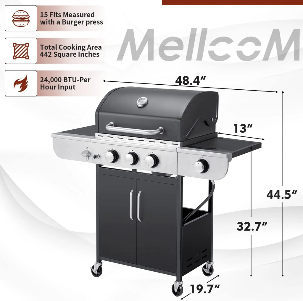 4-Burner Propane Gas Grill with Cast Iron Grates, Side Stove and 44,000 BTU Stainless Steel Burners