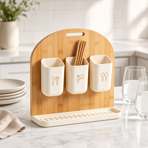 Bamboo Utensil Caddy with 3 Detachable Cups & Drain Tray