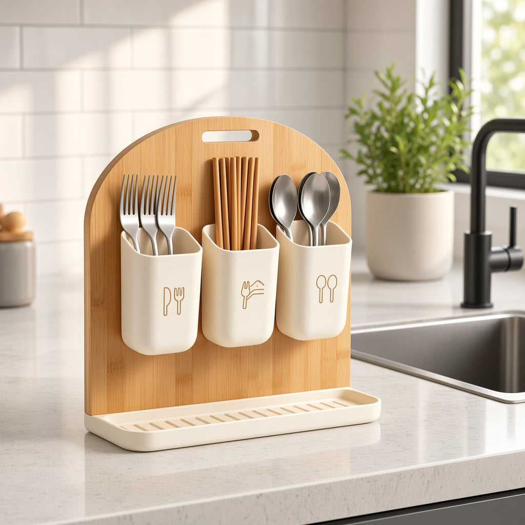 Bamboo Utensil Caddy with 3 Detachable Cups & Drain Tray