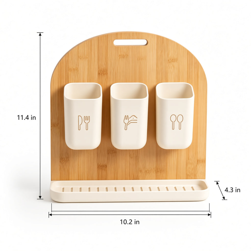 Bamboo Utensil Caddy with 3 Detachable Cups & Drain Tray