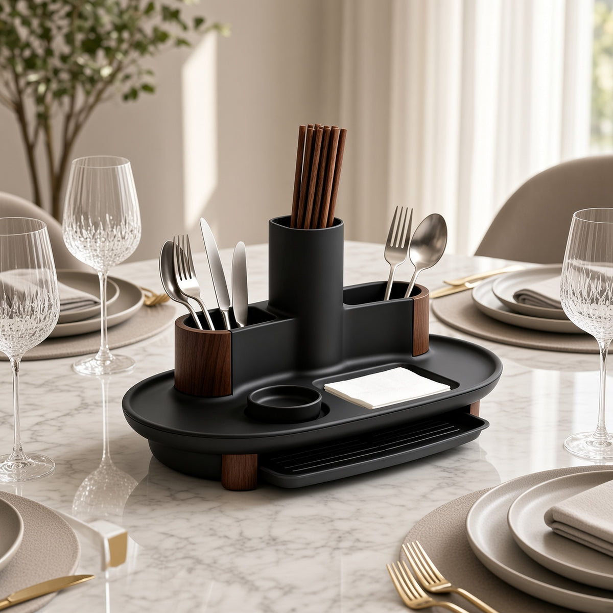 Multi-Compartment Utensil Caddy with Drain Drawer