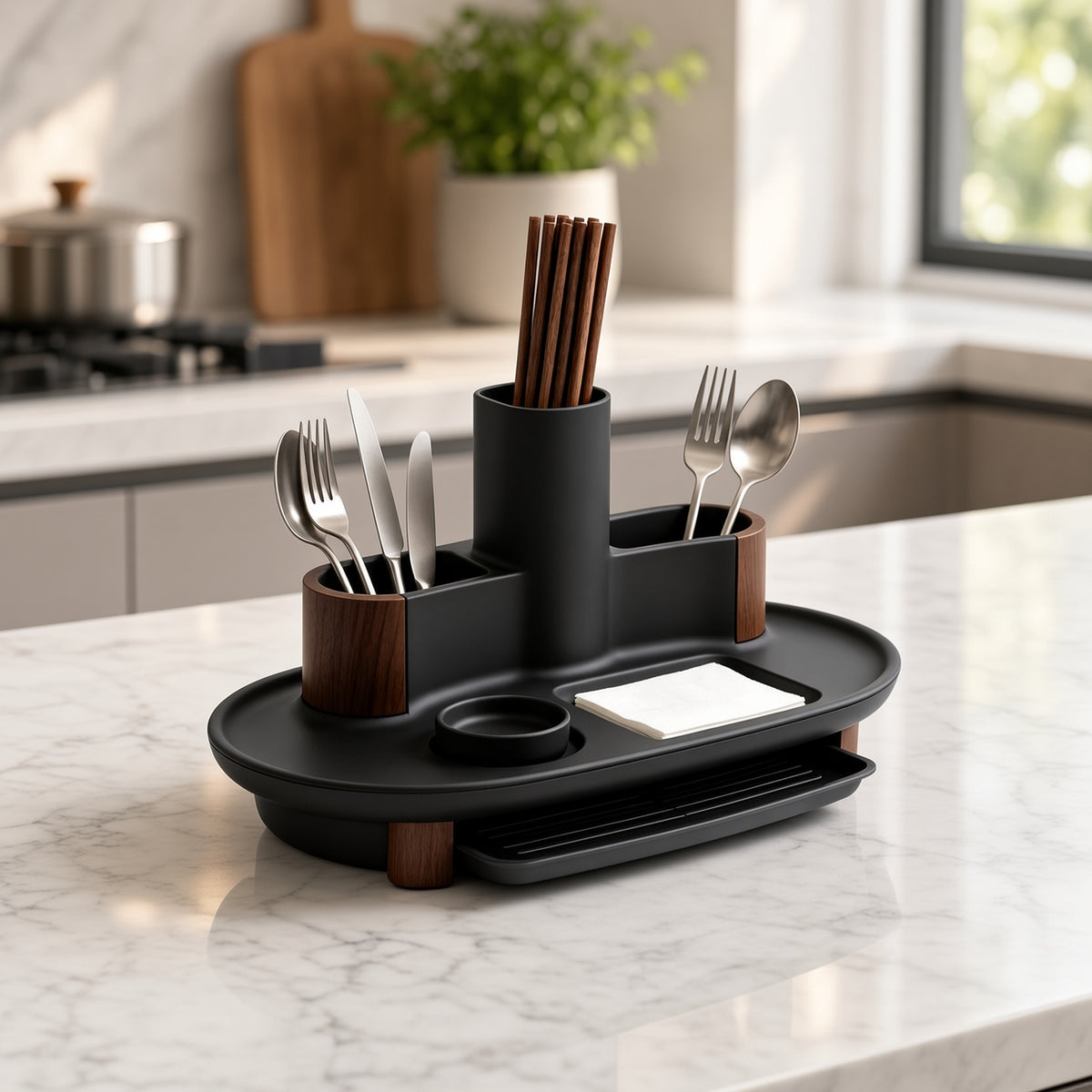 Multi-Compartment Utensil Caddy with Drain Drawer