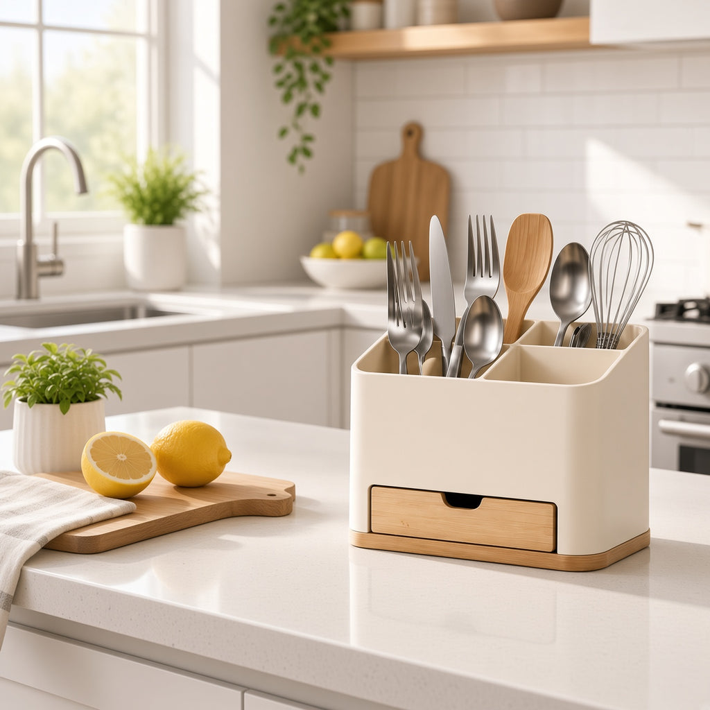 2-Compartment Silverware Holder with Bamboo Drain Drawer