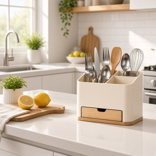 2-Compartment Silverware Holder with Bamboo Drain Drawer