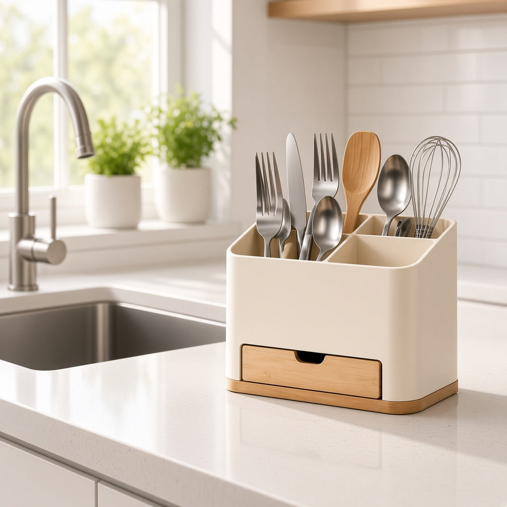 2-Compartment Silverware Holder with Bamboo Drain Drawer